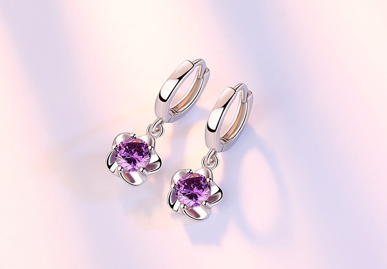 Fanqieliu Real 925 Sterling Silver Drop Earrings Flower Purple Rhinestone Jewelry Fashion Earrings For Women FQL193217