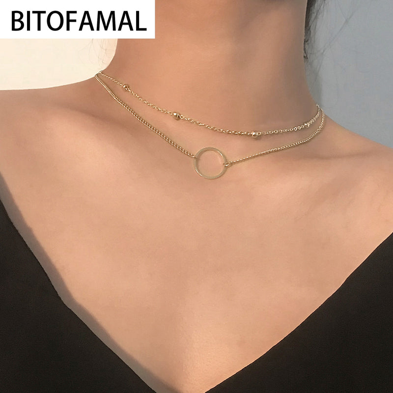 Fashion  Double-layer Bead Chain Hollow Circle Pendant  Necklace for Women Simple Geometric Female Trendy Chokers Necklaces
