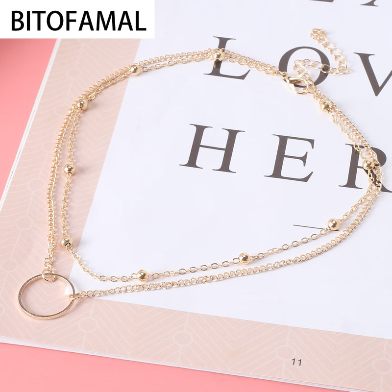 Fashion  Double-layer Bead Chain Hollow Circle Pendant  Necklace for Women Simple Geometric Female Trendy Chokers Necklaces