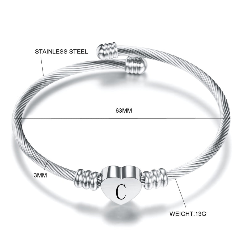Fashion Heart Charm Bangle With Initial Alphabet Letter Engrave High Quality Women Jewelry Cuff Bangles Wholesale For Party Gift