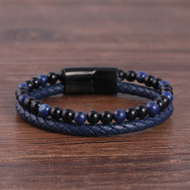 Fashion Male Jewelry Braided Leather Bracelet Tiger ee Beads Bracelet Black Stainless Steel Magnetic Clasps Men Wrist Gifts