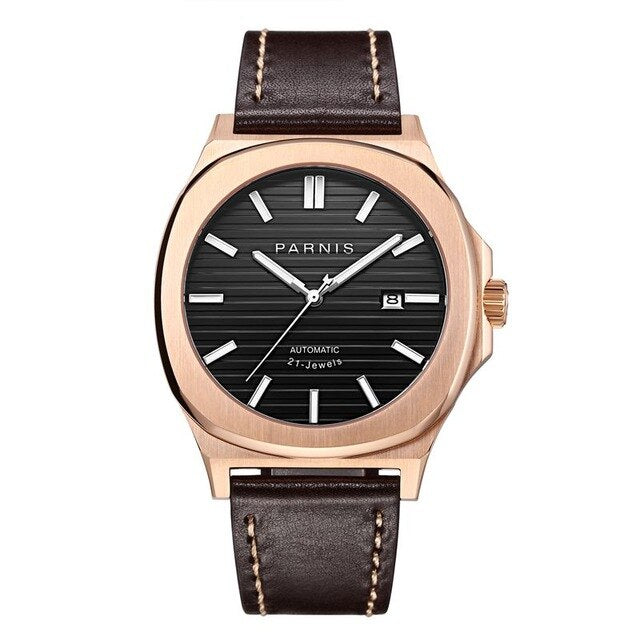 Fashion Parnis 42MM Brown Dial Mechanical Automatic Men Watches Miyota 8215 Auto Date Movement Men's Watch with box man clock