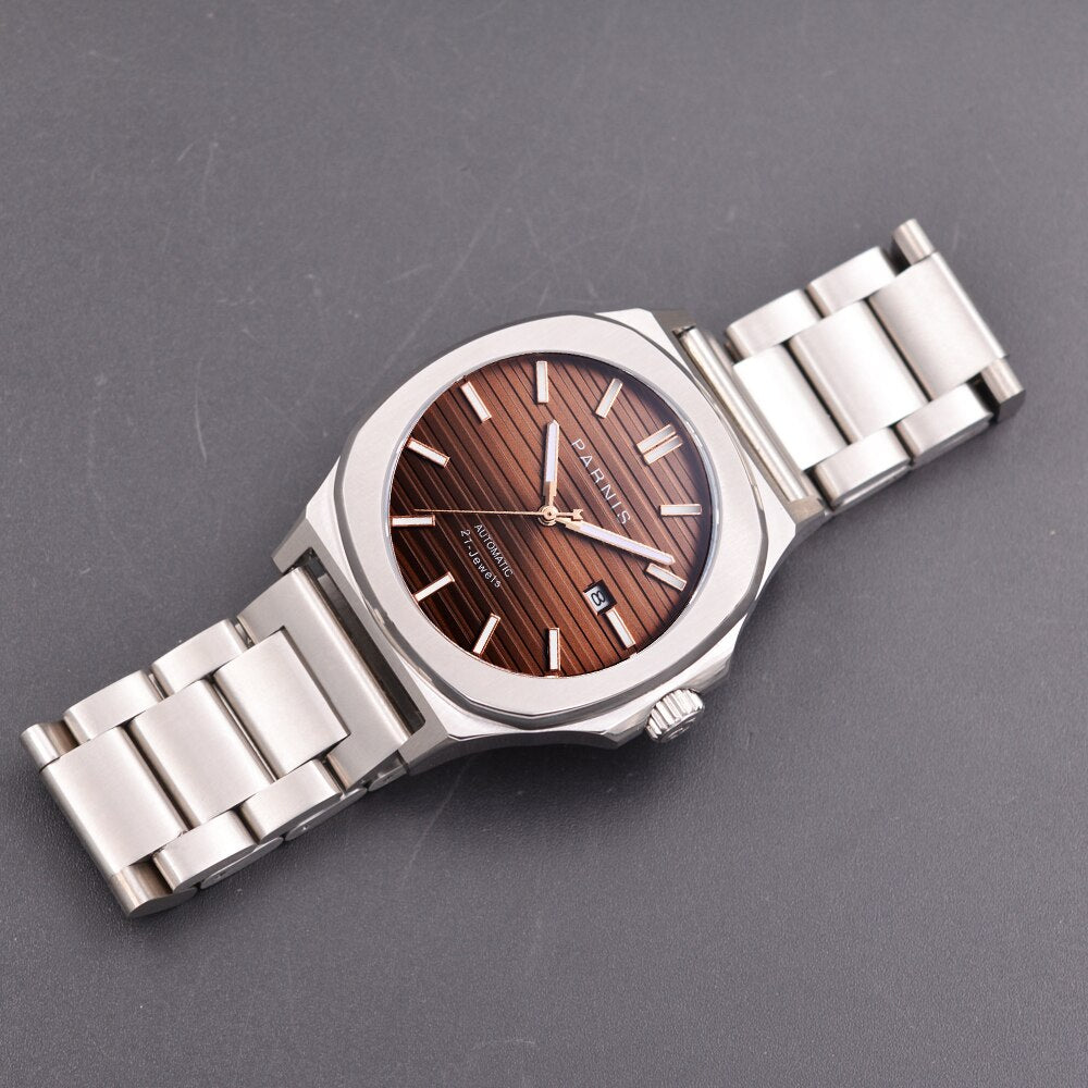 Fashion Parnis 42MM Brown Dial Mechanical Automatic Men Watches Miyota 8215 Auto Date Movement Men's Watch with box man clock