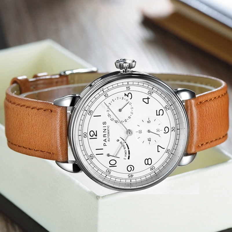 Fashion Parnis 42mm Automatic Mechanical Men's Watch Silver Case Calendar Men Watches reloj hombre marca de lujo 2019