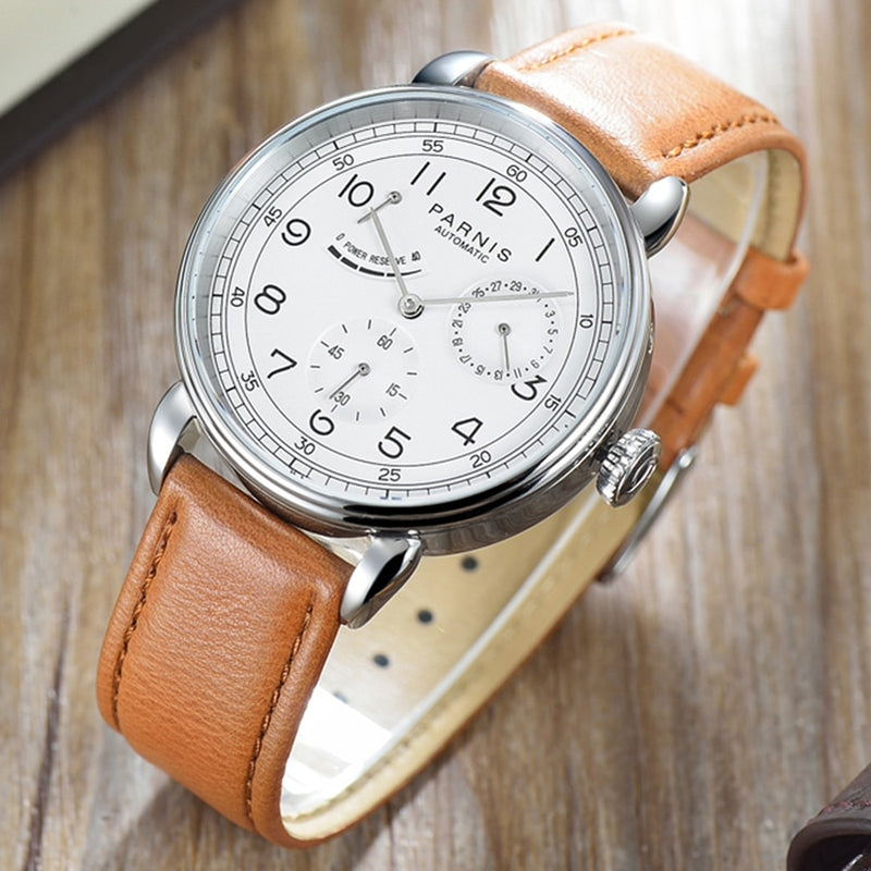 Fashion Parnis 42mm Automatic Mechanical Men's Watch Silver Case Calendar Men Watches reloj hombre marca de lujo 2019