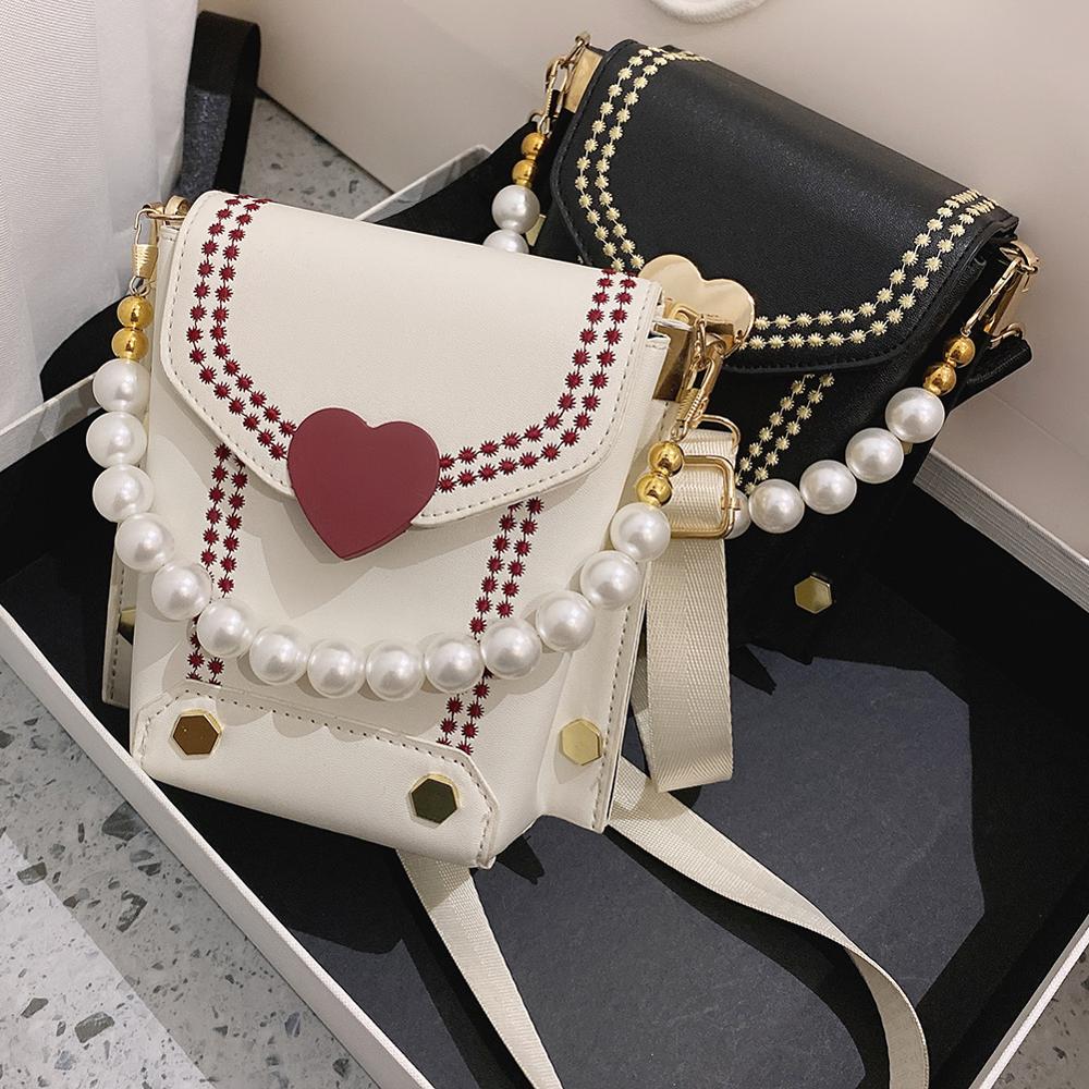 Fashion Pearl Women Shoulder Bag Love Buckle PU Leather Pure Color Lady Travel Daily Small Messenger Handbags