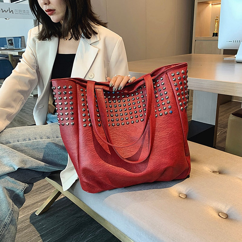 Fashion Rivet Shoulder Bags For Women Leather Luxury Handbags Women Bags Designer Ladies Hand Bag Big Totes Top-handle Bags Sac A Main Femme