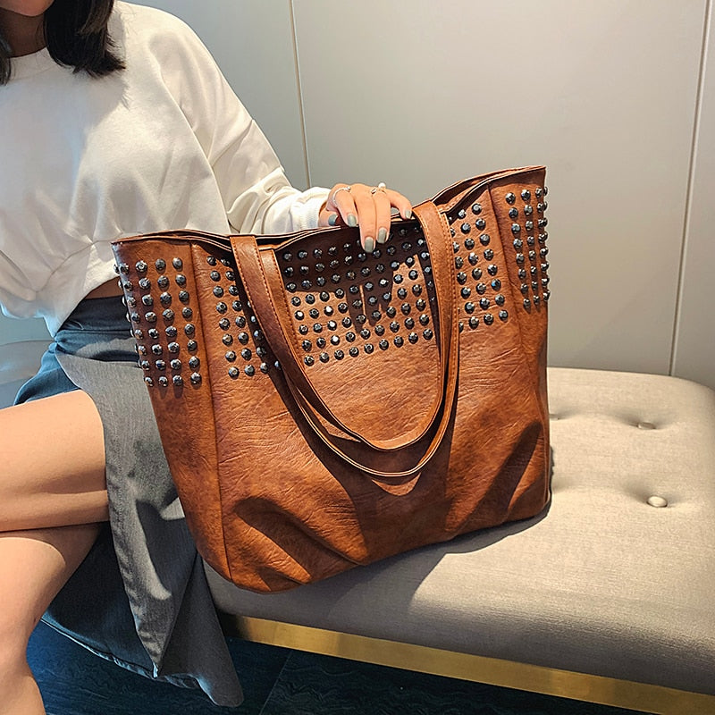 Fashion Rivet Shoulder Bags For Women Leather Luxury Handbags Women Bags Designer Ladies Hand Bag Big Totes Top-handle Bags Sac A Main Femme