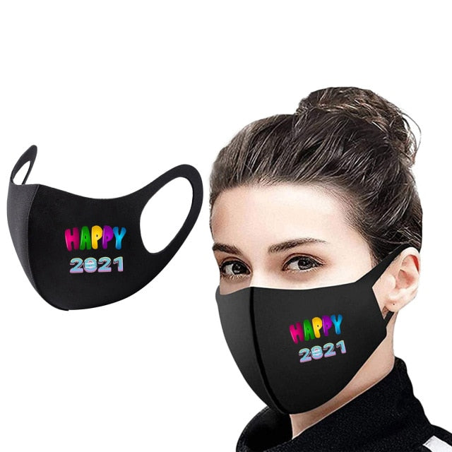Fast Delivery 1PC 2021 Happy New Year Mask Adult Printed Ice Silk Mask To Protect Dusts And Haze Mask Bandage Facemaska masque