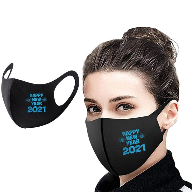 Fast Delivery 1PC 2021 Happy New Year Mask Adult Printed Ice Silk Mask To Protect Dusts And Haze Mask Bandage Facemaska masque