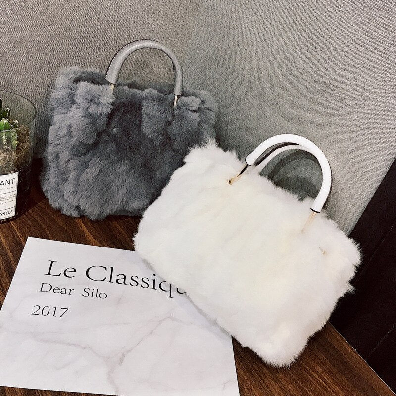 Faux Rabbit Fur Women Handbags Luxury Designer Winter Tote Chain Shoulder Bag High Quality Black White Leather Bag ZD2006