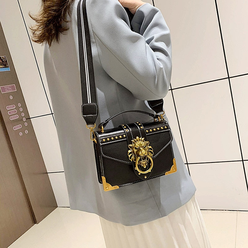 Female Fashion Handbags Luxury Girls Crossbody Bags Tote Woman Metal Lion Head Brand Shoulder Purse Mini Square Messenger Bag