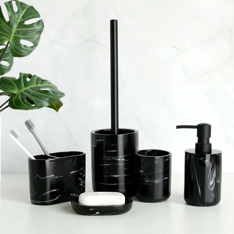 Five-piece Set Nordic Marble Texture Resin Bathroom Accessory Set Toothbrush Holder Toilet Brush Soap Dispenser Pump Bottle