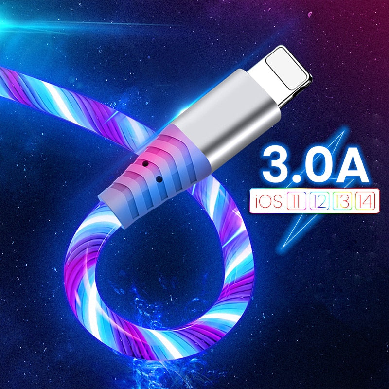 Flow USB Data Cable For iPhone 12 Pro Max 11 XS XR X 8 7 6S Luminous Micro USB Type C 3A Fast Charging Cable For Huawei Xiaomi