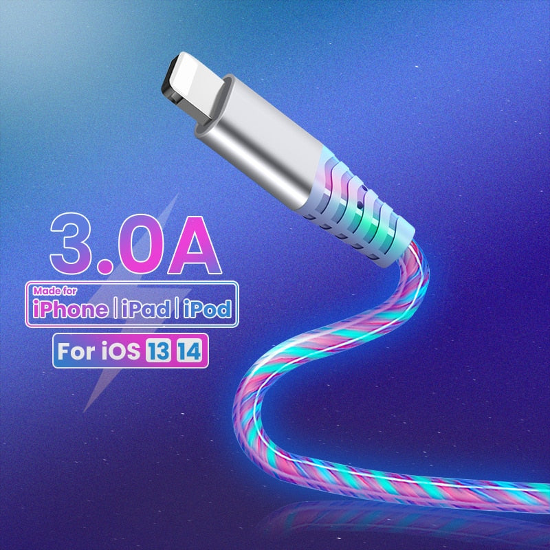 Flow USB Data Cable For iPhone 12 Pro Max 11 XS XR X 8 7 6S Luminous Micro USB Type C 3A Fast Charging Cable For Huawei Xiaomi