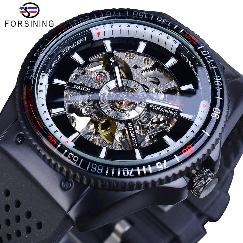 Forsining 2016 Rotating Bezel Sport Design Silicone Band Men Watches Top Brand Luxury Automatic Black Fashion Casual Watch Clock