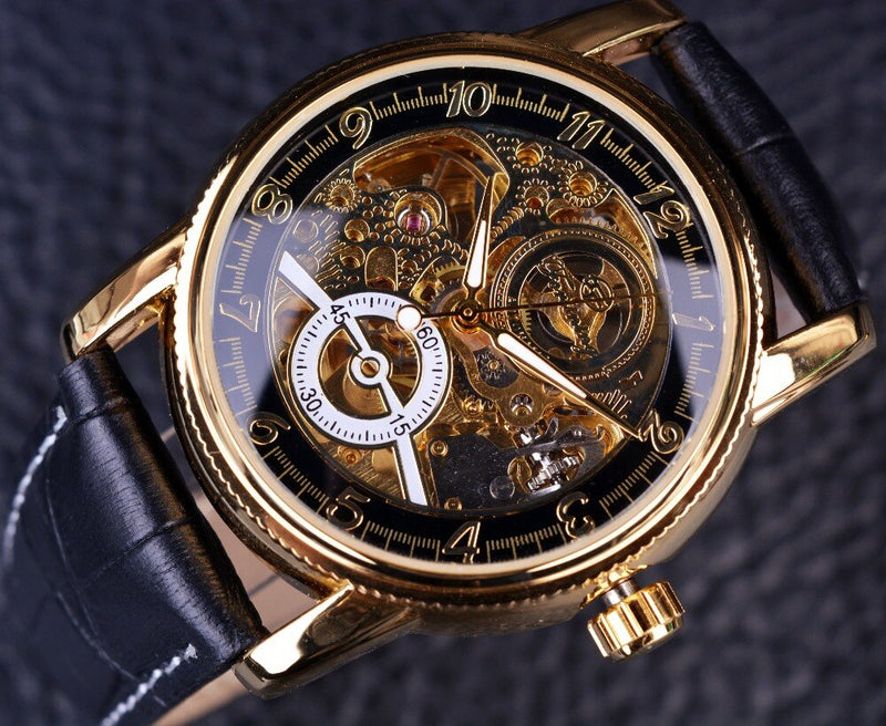 Forsining 2017 Hollow Engraving Skeleton Casual Designer Black Golden Case Gear Bezel Automatic Watches Men Luxury Brand Watches