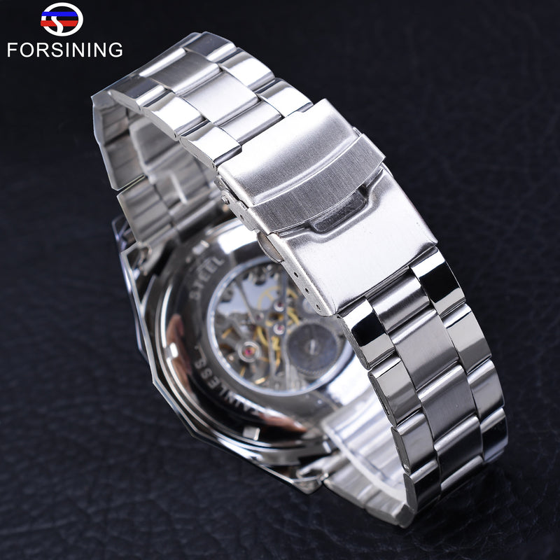 Forsining 2017 Silver Stainless Steel Waterproof Military Sport Casual Mechanical Wrist Watch Mens Watch Top Brand Luxury Clock