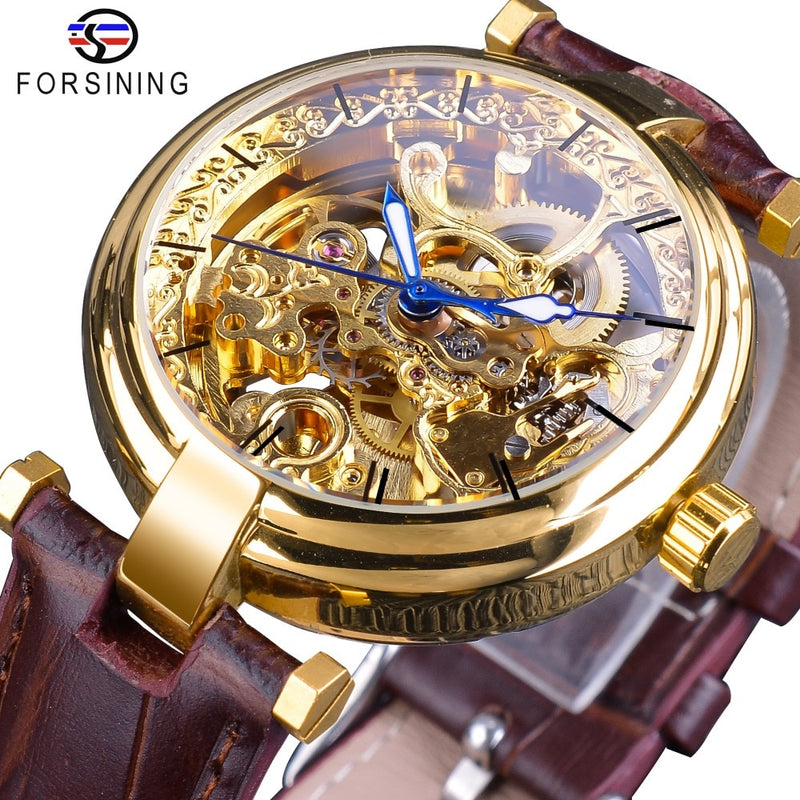 Forsining 2018 Golden Watches Fashion Blue Hands Mens Automatic Self-wind Watches Top Brand Brown Genuine Leather Luminous Hands