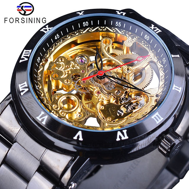 Forsining 2018 Retro Royal Flower Golden Skeleton Clock Red Black Pointers Stainless Steel Mens Automatic Watch Top Brand Luxury