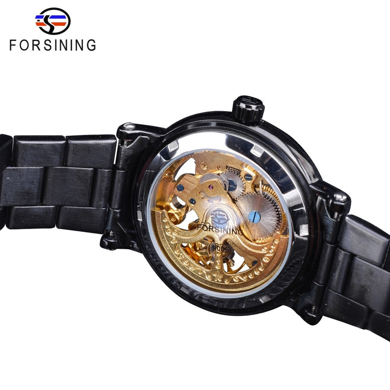 Forsining 2018 Retro Royal Flower Golden Skeleton Clock Red Black Pointers Stainless Steel Mens Automatic Watch Top Brand Luxury