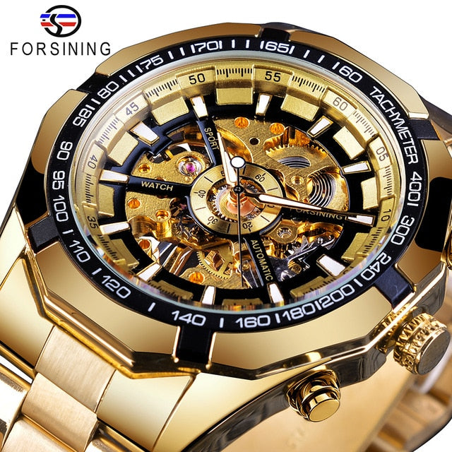 Forsining 2019 Stainless Steel Waterproof Mens Skeleton Watches Top Brand Luxury Transparent Mechanical Sport Male Wrist Watches