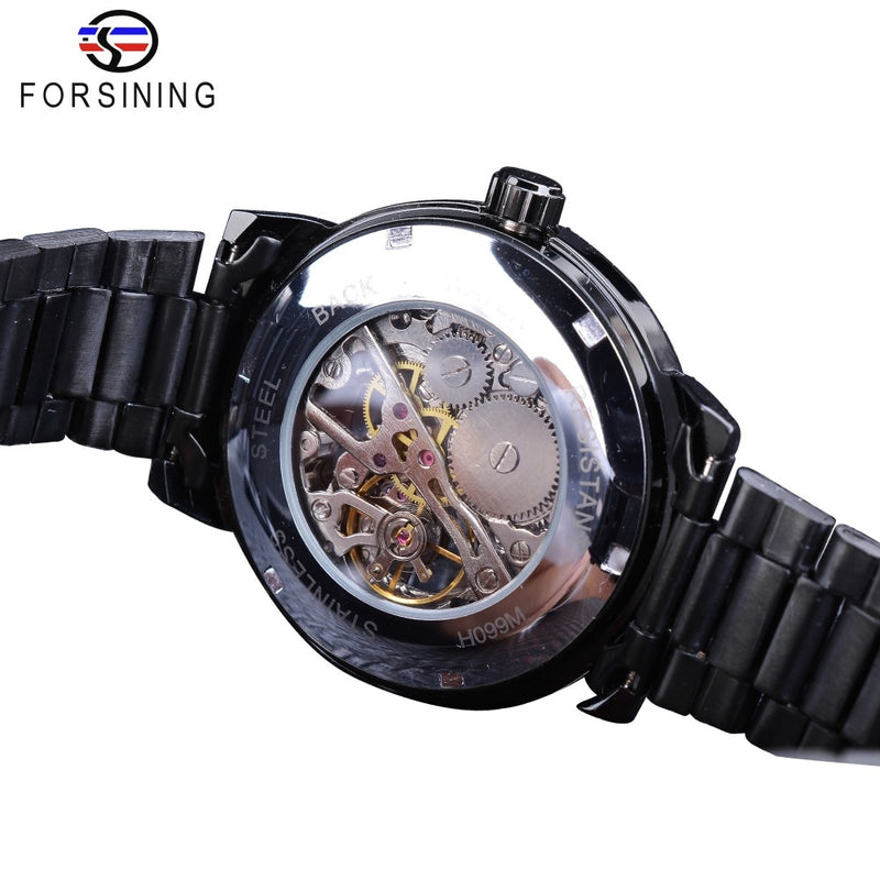 Forsining 3D Hollow Engraving Full Black Clock Luminous Hands Men's Mechanical Watches Top Brand Luxury Black Stainless Steel