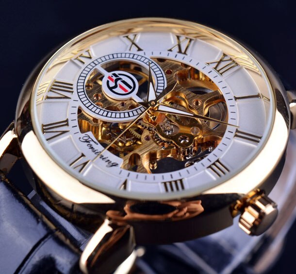 Forsining 3d Logo Design Hollow Engraving Black Gold Case Leather Mechanical Skeleton Watches Men Luxury Brand Heren Horloge