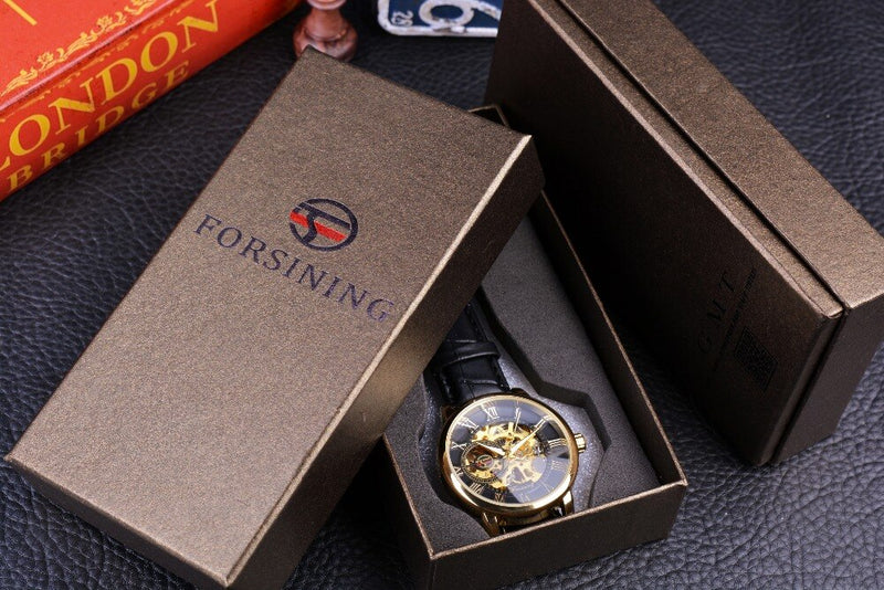 Forsining 3d Logo Design Hollow Engraving Black Gold Case Leather Mechanical Skeleton Watches Men Luxury Brand Heren Horloge