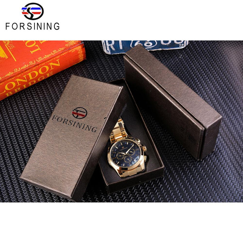 Forsining Black Business Mechanical Men Watch Automatic 3 Sub Dial Date Golden Steel Band Dress Wristwatch Clock Hour Time Reloj