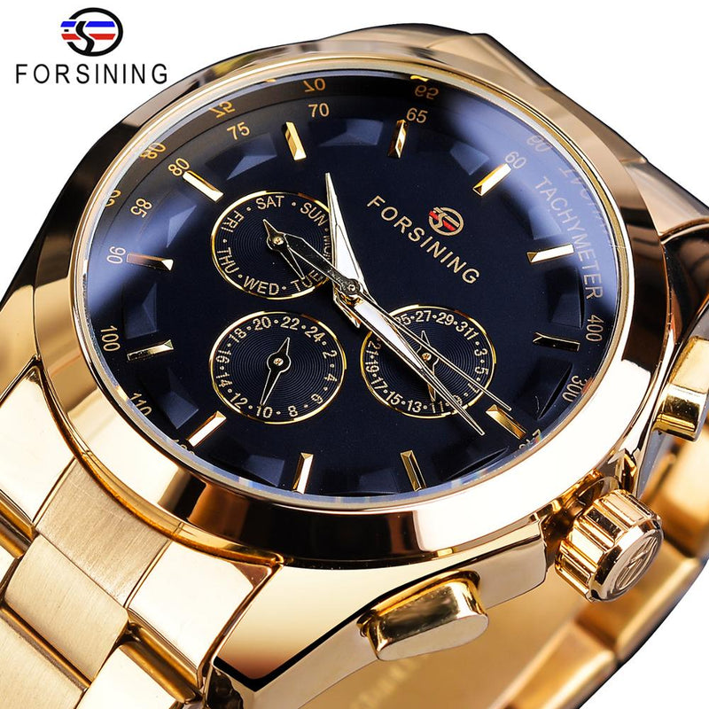 Forsining Black Business Mechanical Men Watch Automatic 3 Sub Dial Date Golden Steel Band Dress Wristwatch Clock Hour Time Reloj