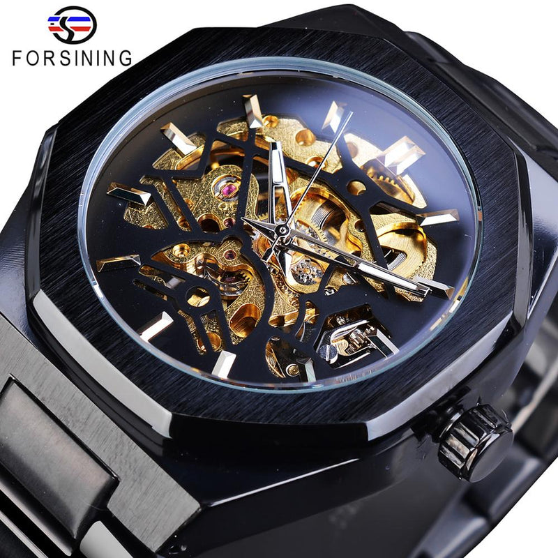 Forsining Black Fashion Skeleton Mens Watches Automatic Mechanical Casual Sport Man Wristwatch Waterproof Luminous Hands Clocks