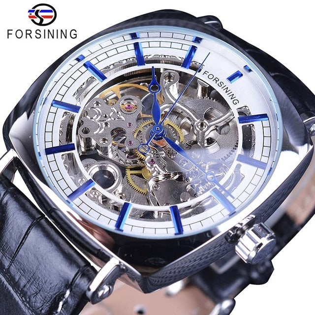 Forsining Black Genuine Leather Fashion Royal Luxury Gold Clock Transparent Skeleton Men Automatic Mechanical Watches Top Brand