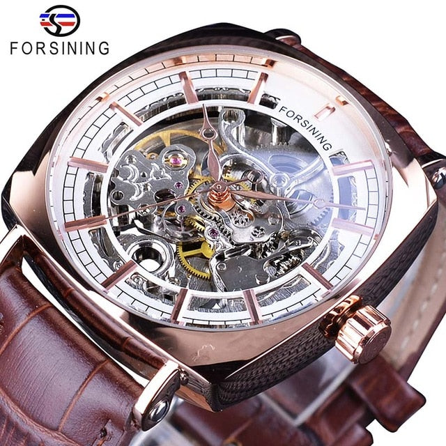 Forsining Black Genuine Leather Fashion Royal Luxury Gold Clock Transparent Skeleton Men Automatic Mechanical Watches Top Brand