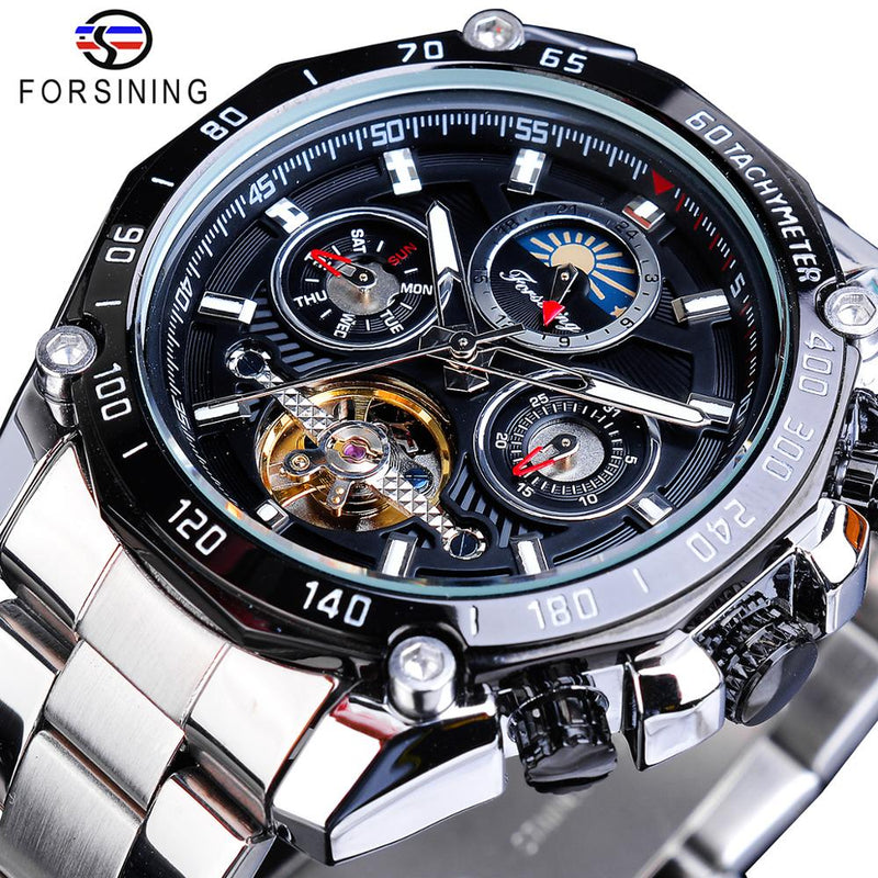 Forsining Brand Black Male Mechanical Watches Automatic Multifunction Tourbillon Moon Phase Date Racing Sport Steel Band Relogio
