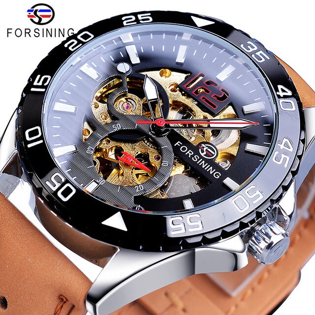 Forsining Brand Mens Watch Automatic Sports Casual Brown Genuine Leather Strap Skeleton Luminous Hands Mechanical Wrist Watches