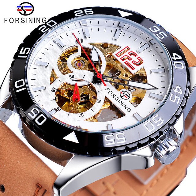 Forsining Brand Mens Watch Automatic Sports Casual Brown Genuine Leather Strap Skeleton Luminous Hands Mechanical Wrist Watches