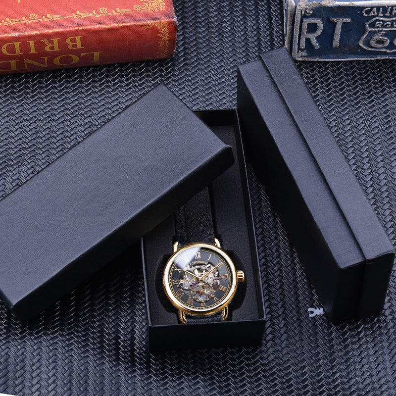 Forsining Classic Black Golden Openwork Watches Skeleton Mens Mechanical Wristwatches Top Brand Luxury Black Genuine Leather