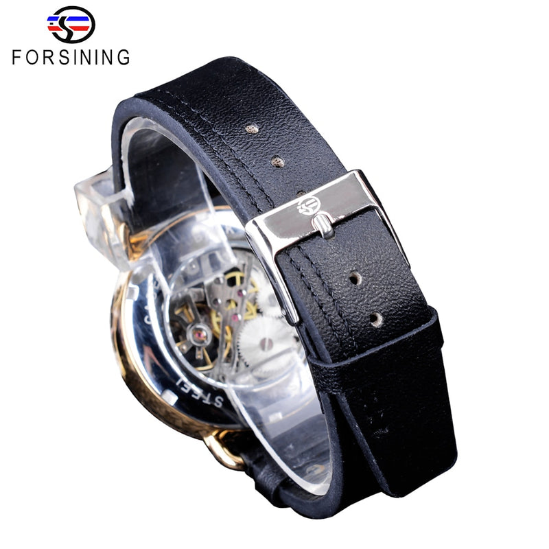 Forsining Classic Black Golden Openwork Watches Skeleton Mens Mechanical Wristwatches Top Brand Luxury Black Genuine Leather