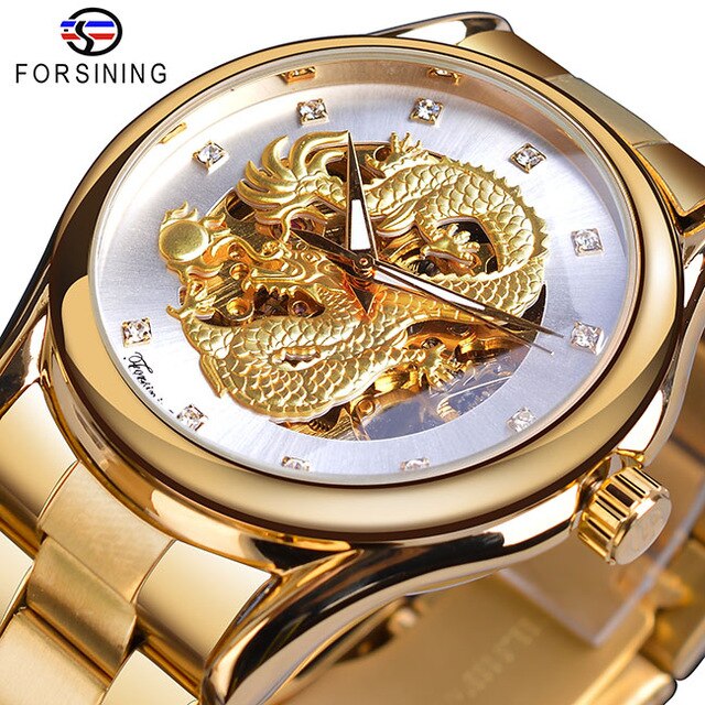 Forsining Classic Dragon Design Silver Stainless Steel Diamond Display Men Automatic Wrist Watches Top Brand Luxury Montre Homme