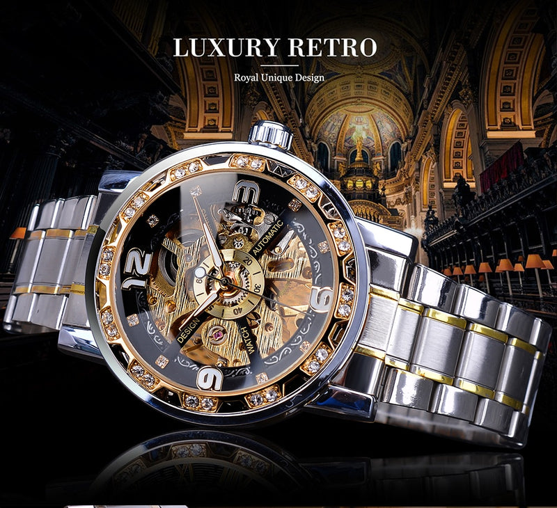 Forsining Fashion Diamond Golden Sliver Skeleton Mechanical Watch Stainless Steel Luminous Men Watches Sport Business Wristwatch