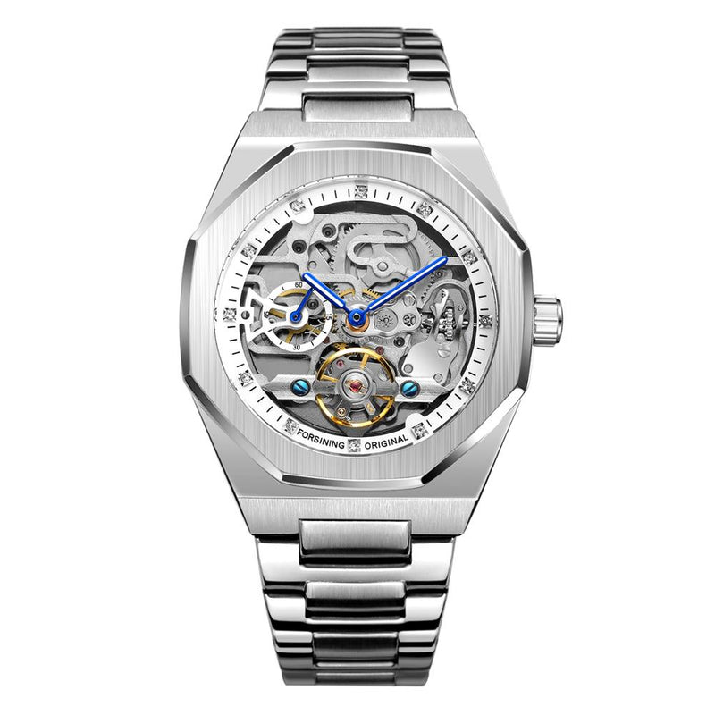 Forsining Fashion Silver Mens Watches Top Brand Luxury Automatic Mechanical Stainless Steel Fashion Business Skeleton Wristwatch