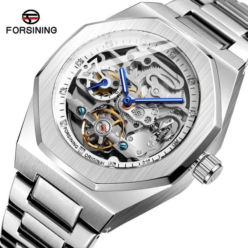 Forsining Fashion Silver Mens Watches Top Brand Luxury Automatic Mechanical Stainless Steel Fashion Business Skeleton Wristwatch