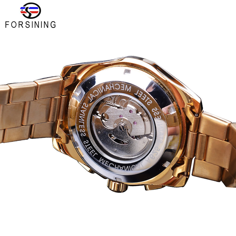 Forsining Golden Men Mechanical Watch Fashion 3 Dial Calendar Steel Band Business Gentleman Automatic Watches Clock Montre Homme