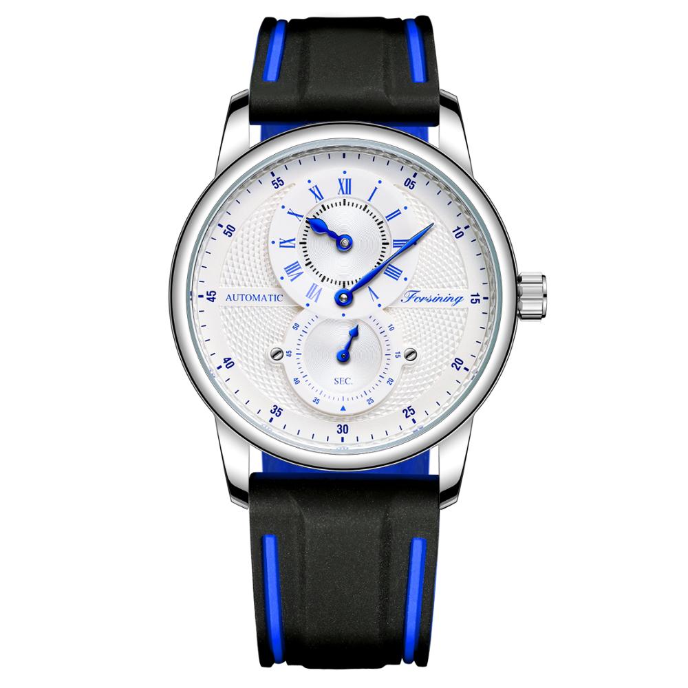 Forsining Luxury Men White Blue Automatic Wristwatch Transparent Mechanical Watch Silicone Band Sport Clock Relogio masculino