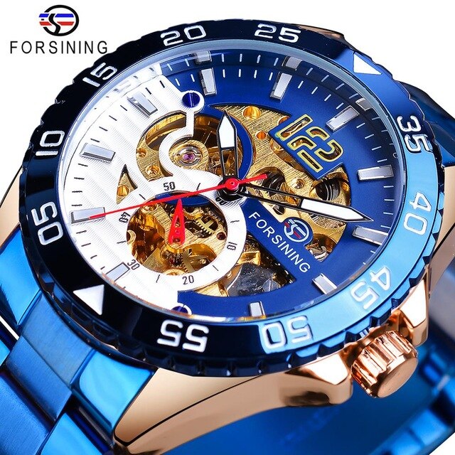 Forsining Mechanical Mens Watch Top Brand Luxury Automatic Man Watch Stainless Steel Skeleton Blue Dial Waterproof Casual Clock