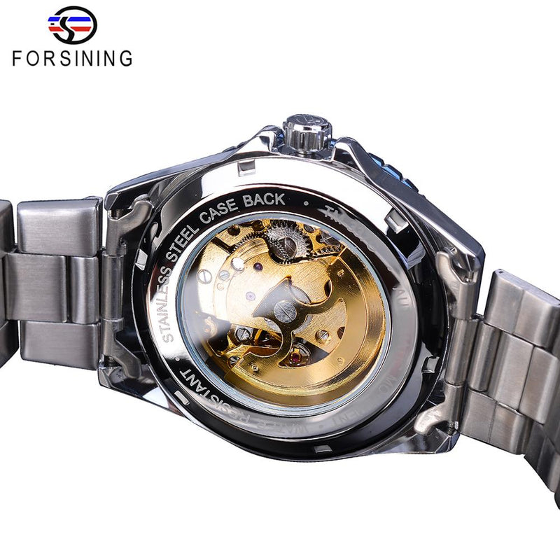 Forsining Mechanical Mens Watch Top Brand Luxury Automatic Man Watch Stainless Steel Skeleton Blue Dial Waterproof Casual Clock