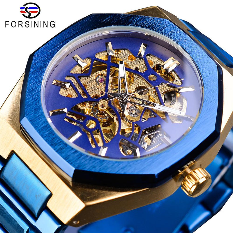 Forsining Mechanical Mens Watches Fashion Automatic Male Clock Blue Stainless Steel Waterproof Business Skeleton Erkek Kol Saati
