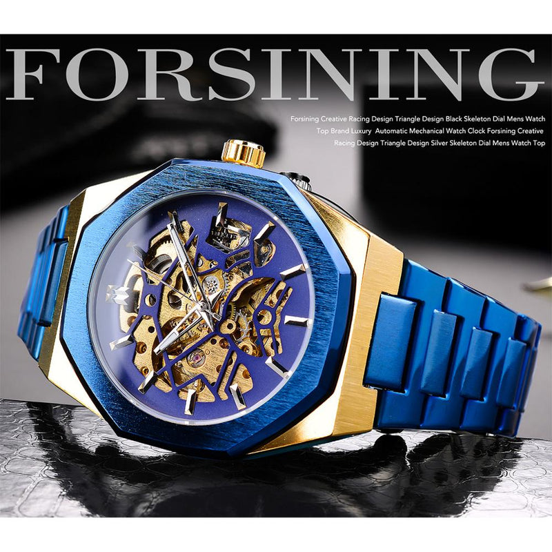 Forsining Mechanical Mens Watches Fashion Automatic Male Clock Blue Stainless Steel Waterproof Business Skeleton Erkek Kol Saati