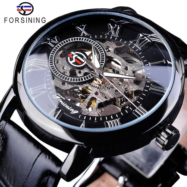 Forsining Men Watches Top Brand Luxury Mechanical Skeleton Watch Black Golden 3D Literal Design Roman Number Black Dial Clock